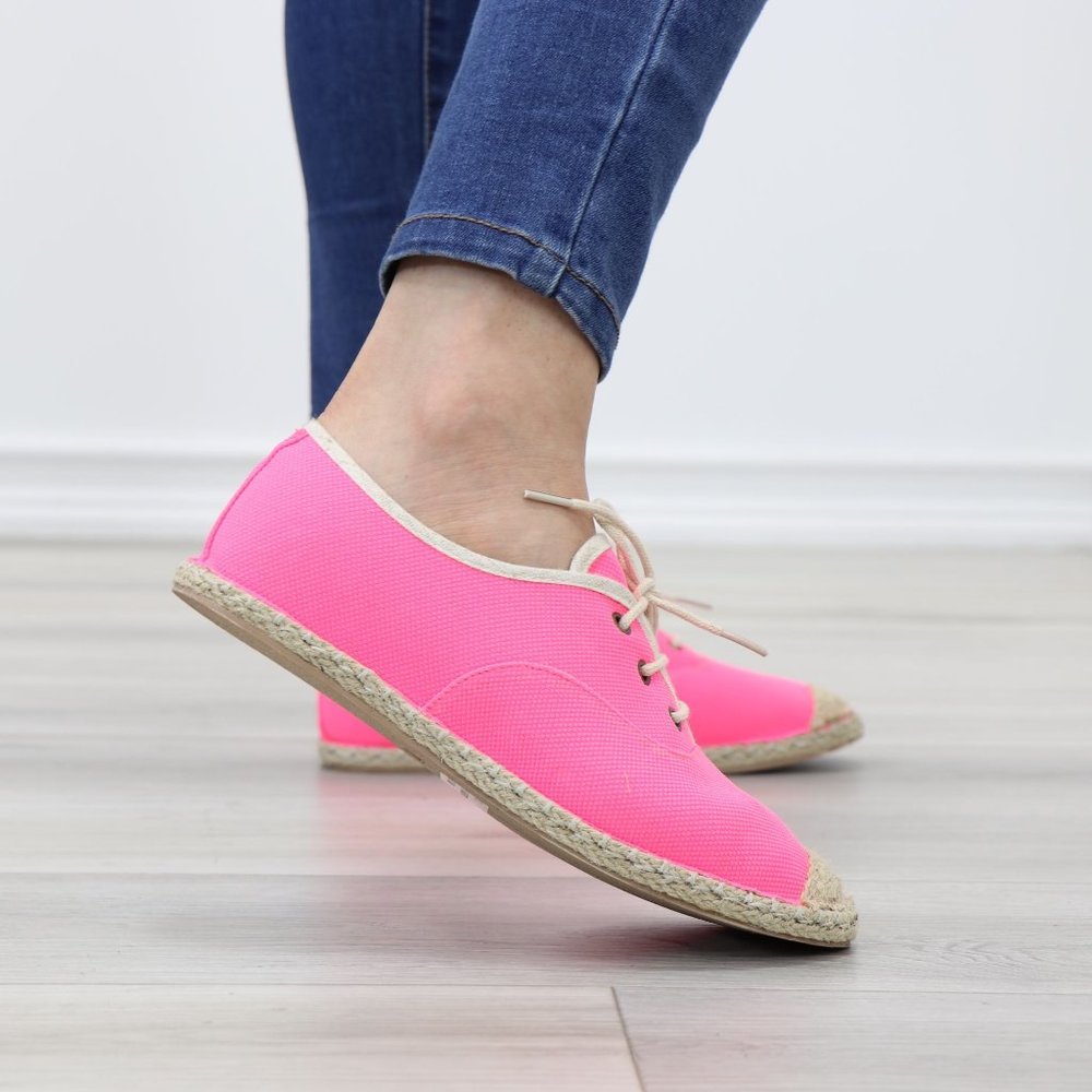 Neon Pink Light Weight Fabric Espadrille Flat Sneakers - Picture 6 of 12